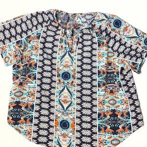 Womens Floral & Paisley Print Top 3XL 100% Polyester Short Sleeve Navy/Orange/Te